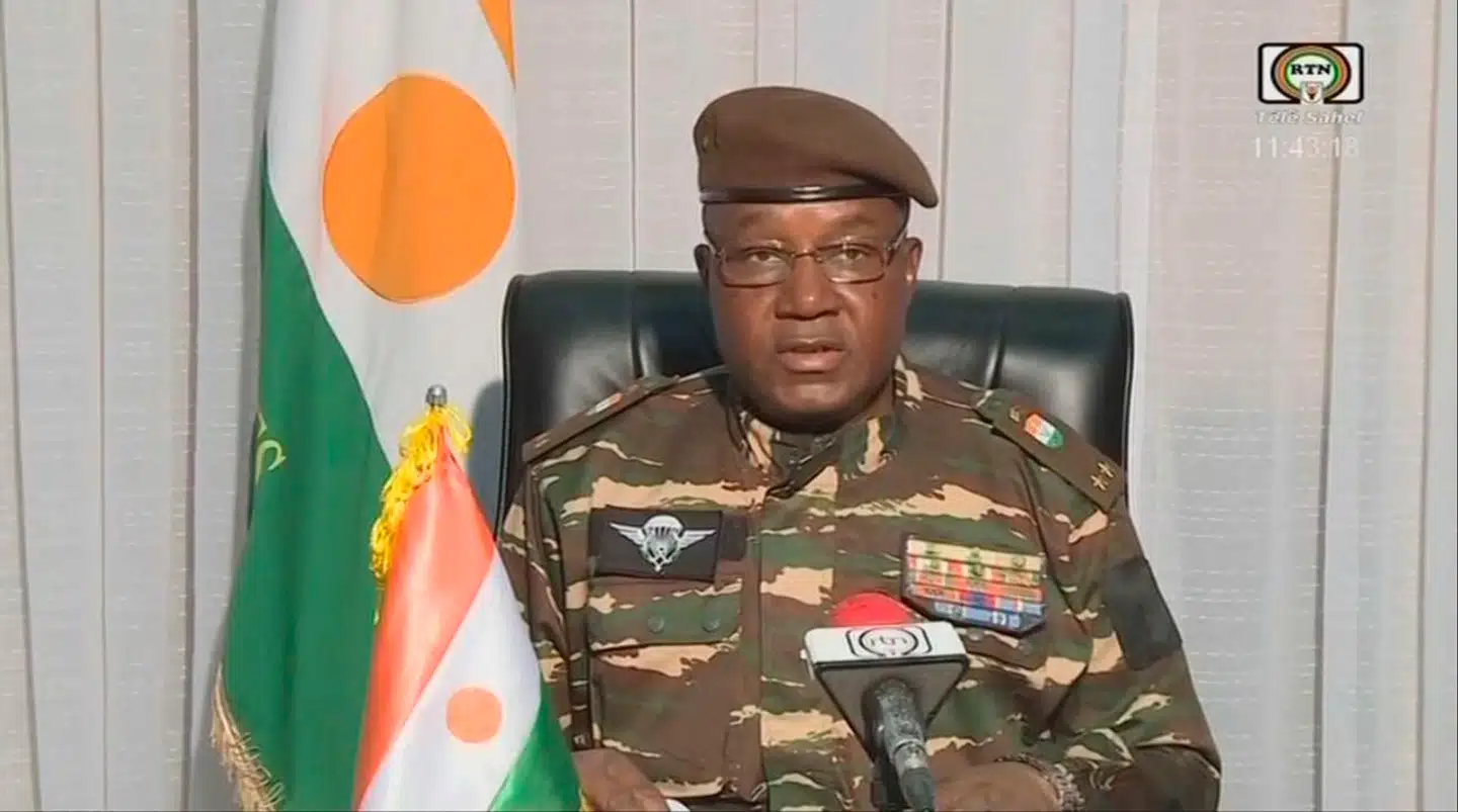 General Abdourahamane Tchiani, leder af kuppet i Niger, i tv-transmitteret tale til befolkningen. Foto: ORTN, Télé Sahel, Scanpix