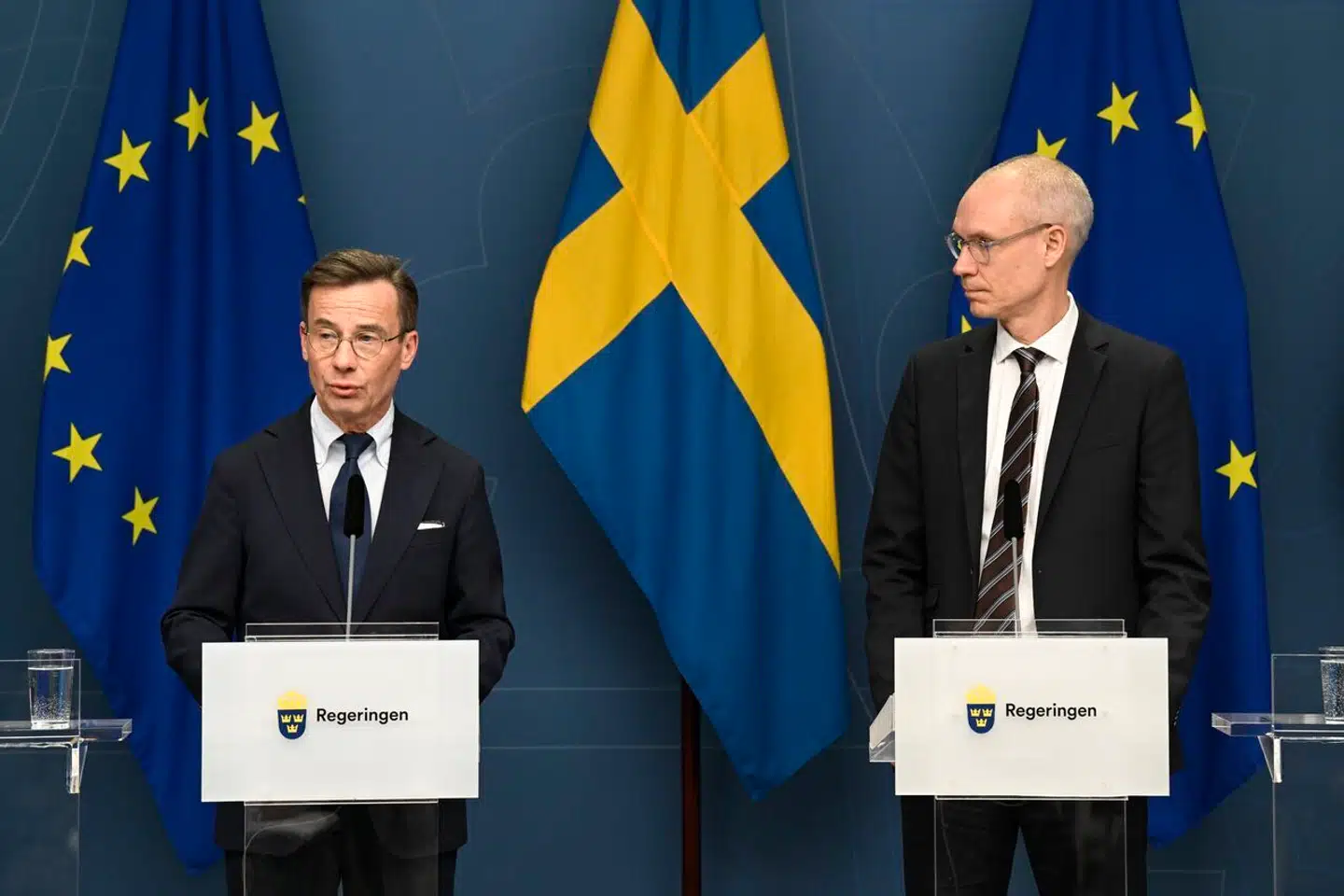 Statsminister Ulf Kristersson og Nato-forhandler Oscar Stenstrom. Foto: Fredrik Sandberg, Scanpix