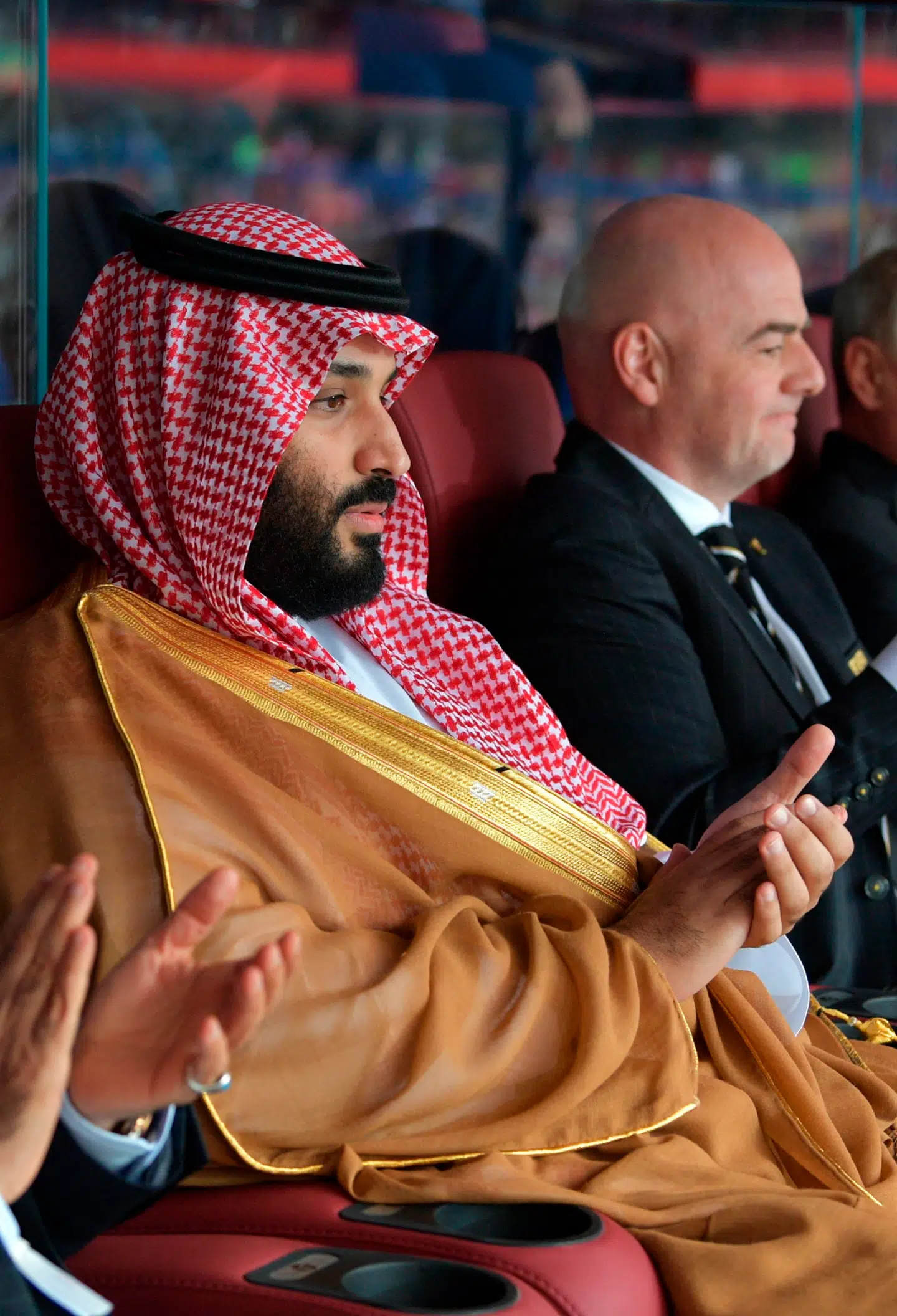 Mohammed bin Salman havde plads ved FIFAs præsident Gianni Infantinos side under åbningscermonien til både VM i Qatar i 2022 og her i Rusland i 2018. Arkivfoto: Alexi Druzhinin, EPA / Scanpix