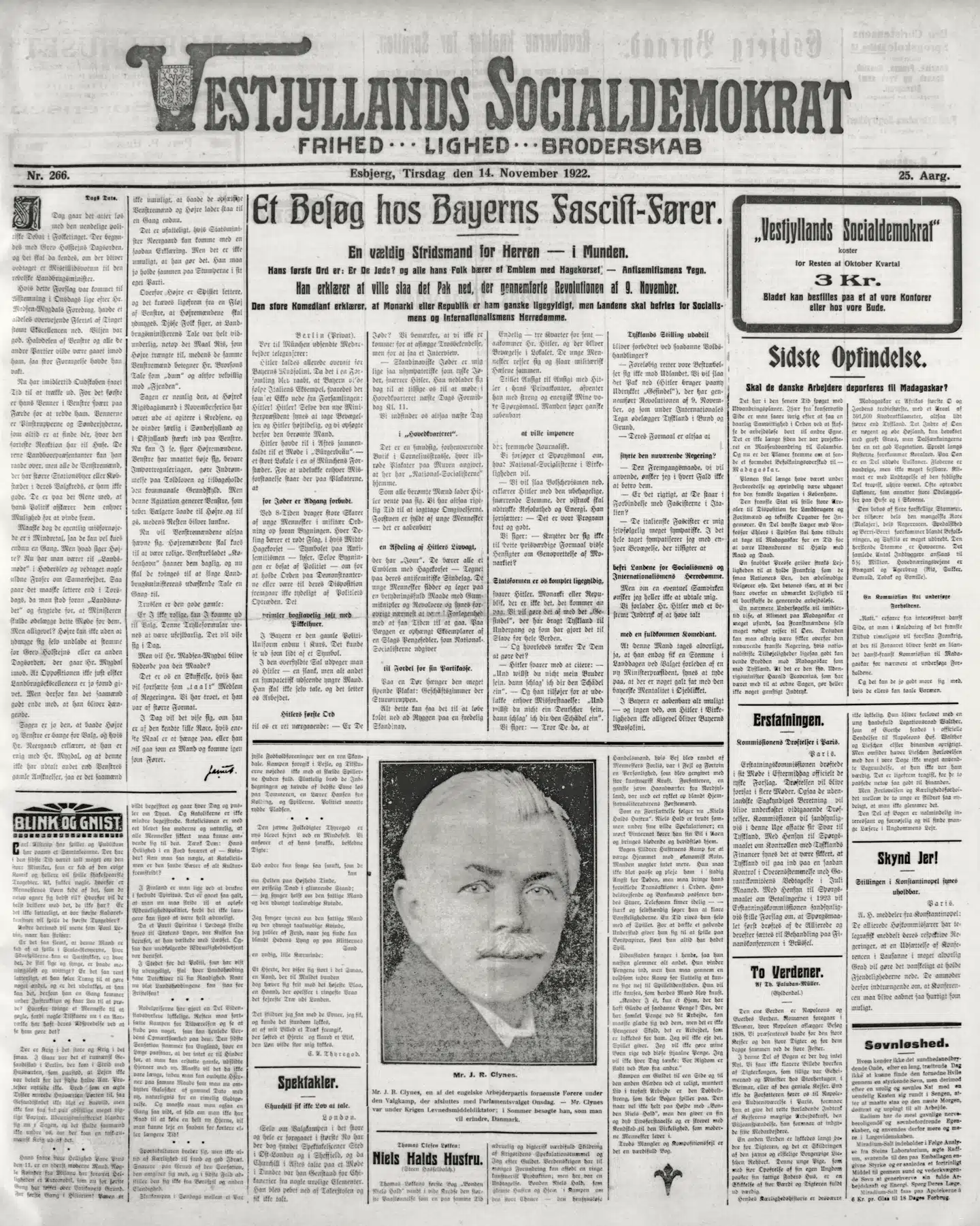 Den 14. november 1922 kunne man på forsiden af Vestjyllands Socialdemokrat finde et interview med Adolf Hitler. Samme dag blev en lidt kortere version bragt i Århus Stiftstidende. Foto: Det Kgl. Bibliotek