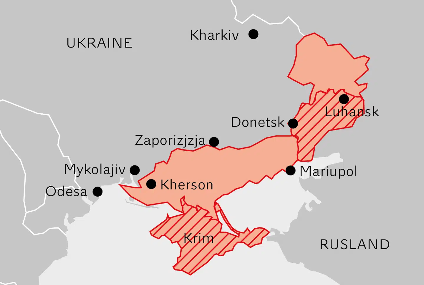 Der blev afholdt såkaldte folkeafstemninger i de russisk-kontrollerede områder (orange). De skraverede områder var russiskbesat før 24. februar 2022. Illustration: Andreas Peretti