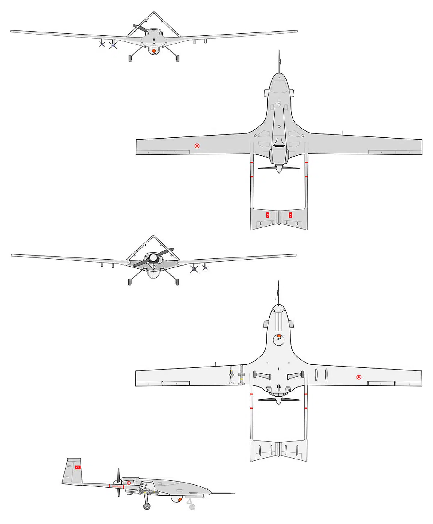 Tegning af den tyrkiske drone Bayraktar TB2.