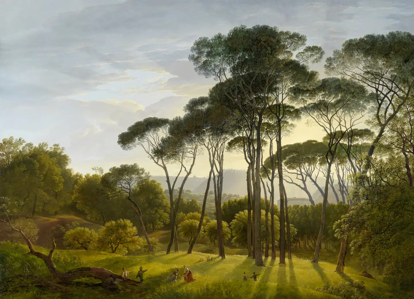 Pinjetræernes karakteristiske form, der er så populær i Rom, fordi den fyldige krone svaler gaderne nedenunder, er truet af skjoldlus. Maleri: Hendrik Voogd: Italiensk landskab med paraplypinjer, 1807