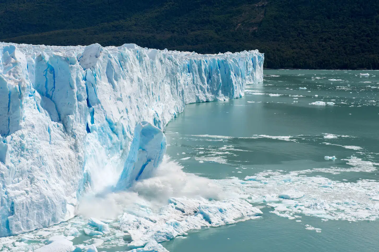 Et enormt stykke is brækker af den argentinske Perito Moreno-gletsjer. Foto: Wolfgang Kaehler, Getty Images