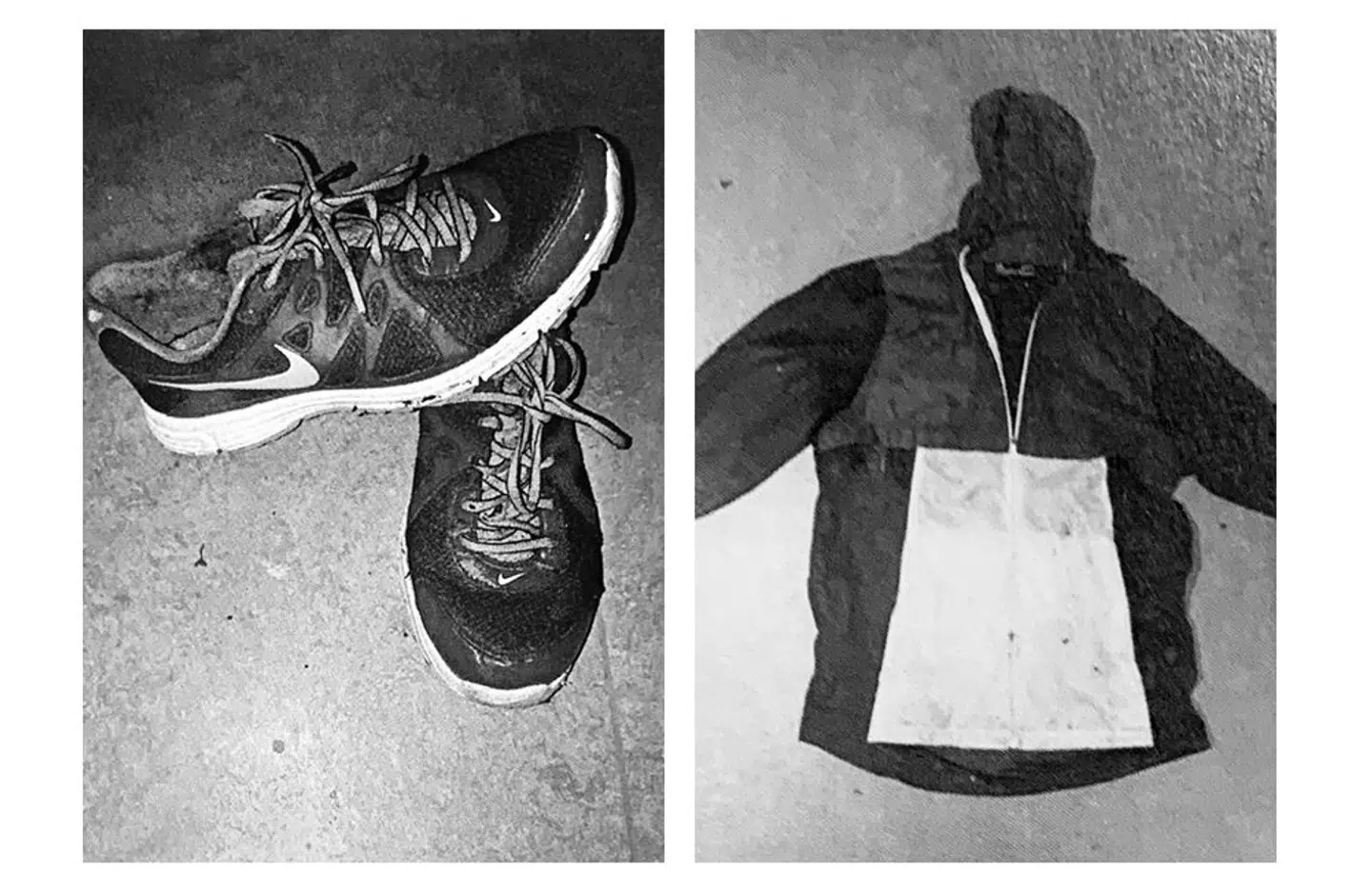 Politiets fotos af mandens tøj, som blev fundet i skoven. Skoene er størrelse 42 og beskidte af jord indvendig.