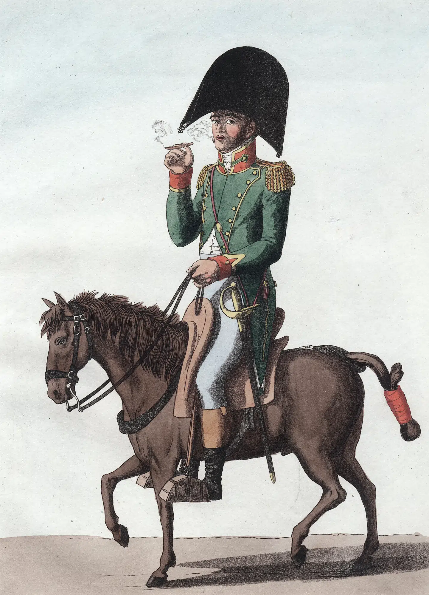 En af de fremmedartede »spaniolere« – en spansk cigarillos-rygende officer fra Barcelona-regimentet på en umanerligt lille ganger. Foto: Koldinghus