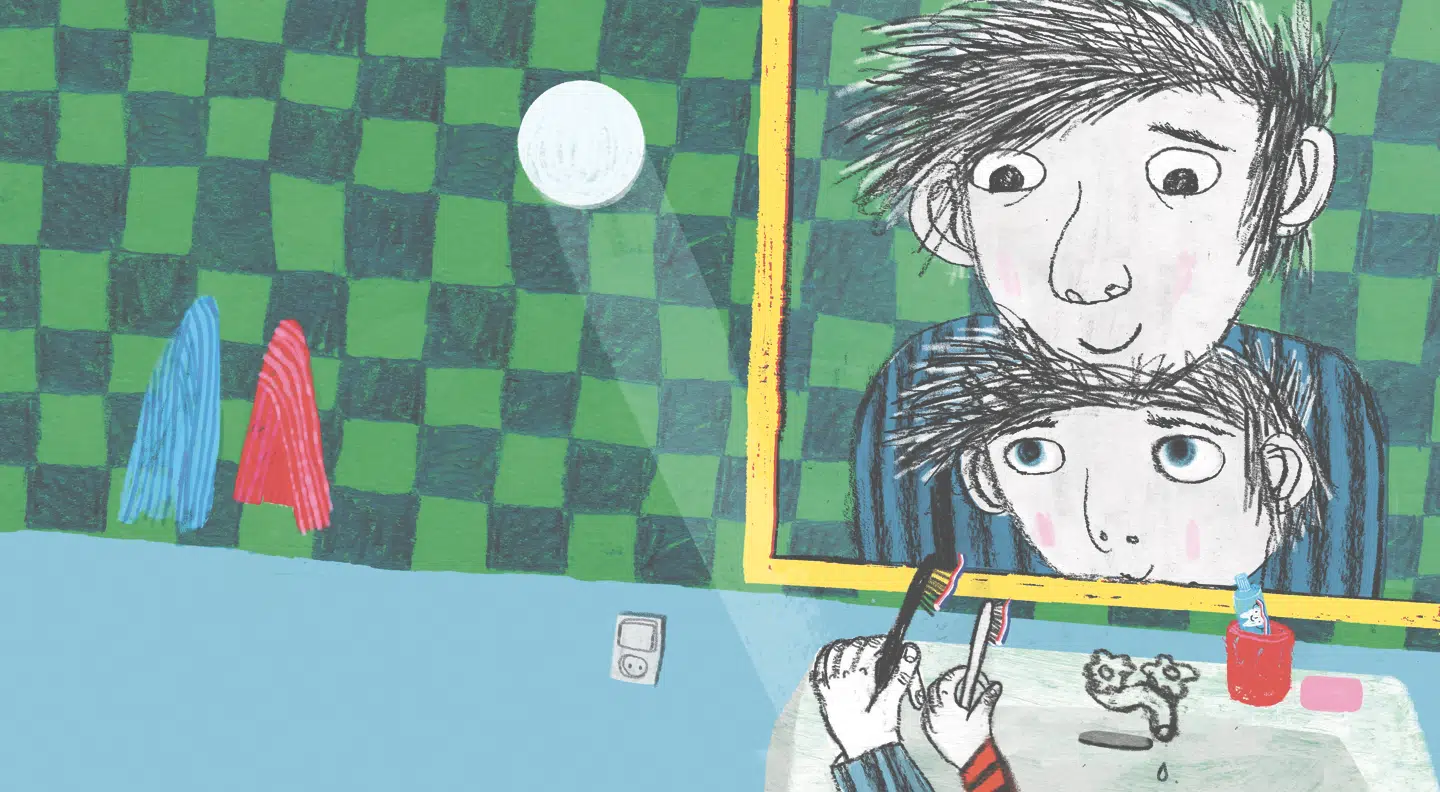 Far er blevet forladt af sin fyr, men sønnen har en plan i den stilfærdige Om lørdagen tegner man bare sne. Illustration: Kamilla Slocinska