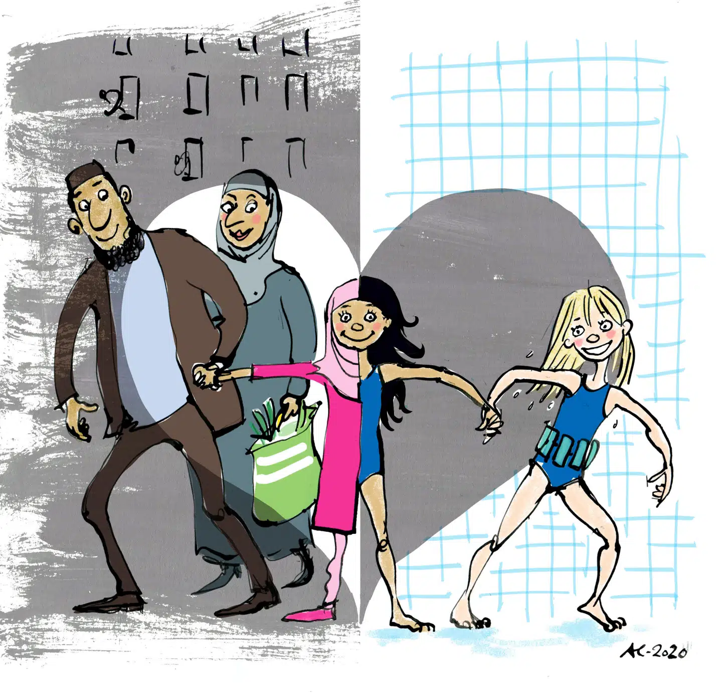 Den dualistiske, enkelte debat om flygtninge og indvandrere har henvist dem, det egentlig handlede om, til en sekundær rolle, skriver Smike Käszner. Illustration: Annette Carlsen