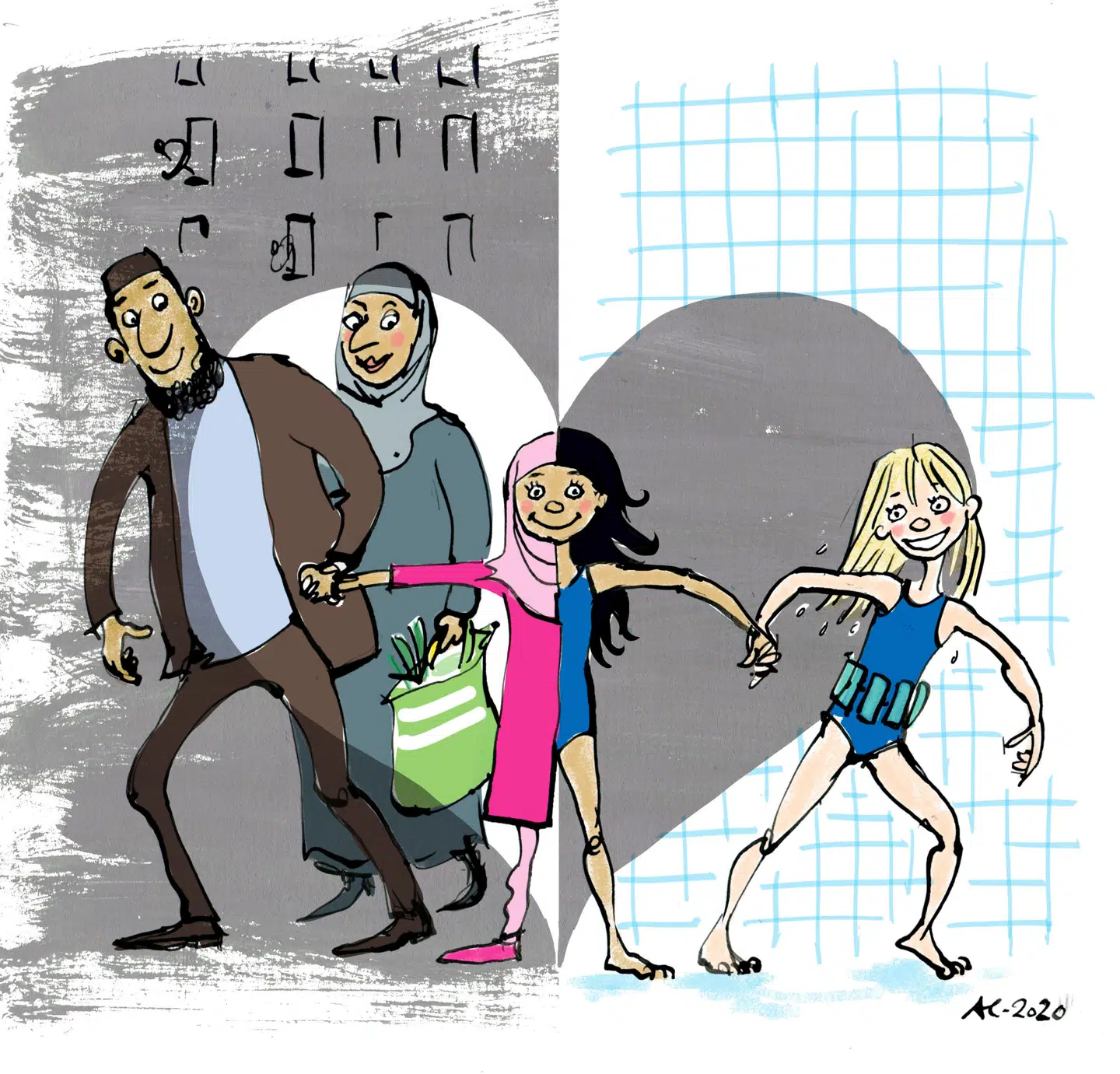 Den dualistiske, enkelte debat om flygtninge og indvandrere har henvist dem, det egentlig handlede om, til en sekundær rolle, skriver Smike Käszner. Illustration: Annette Carlsen