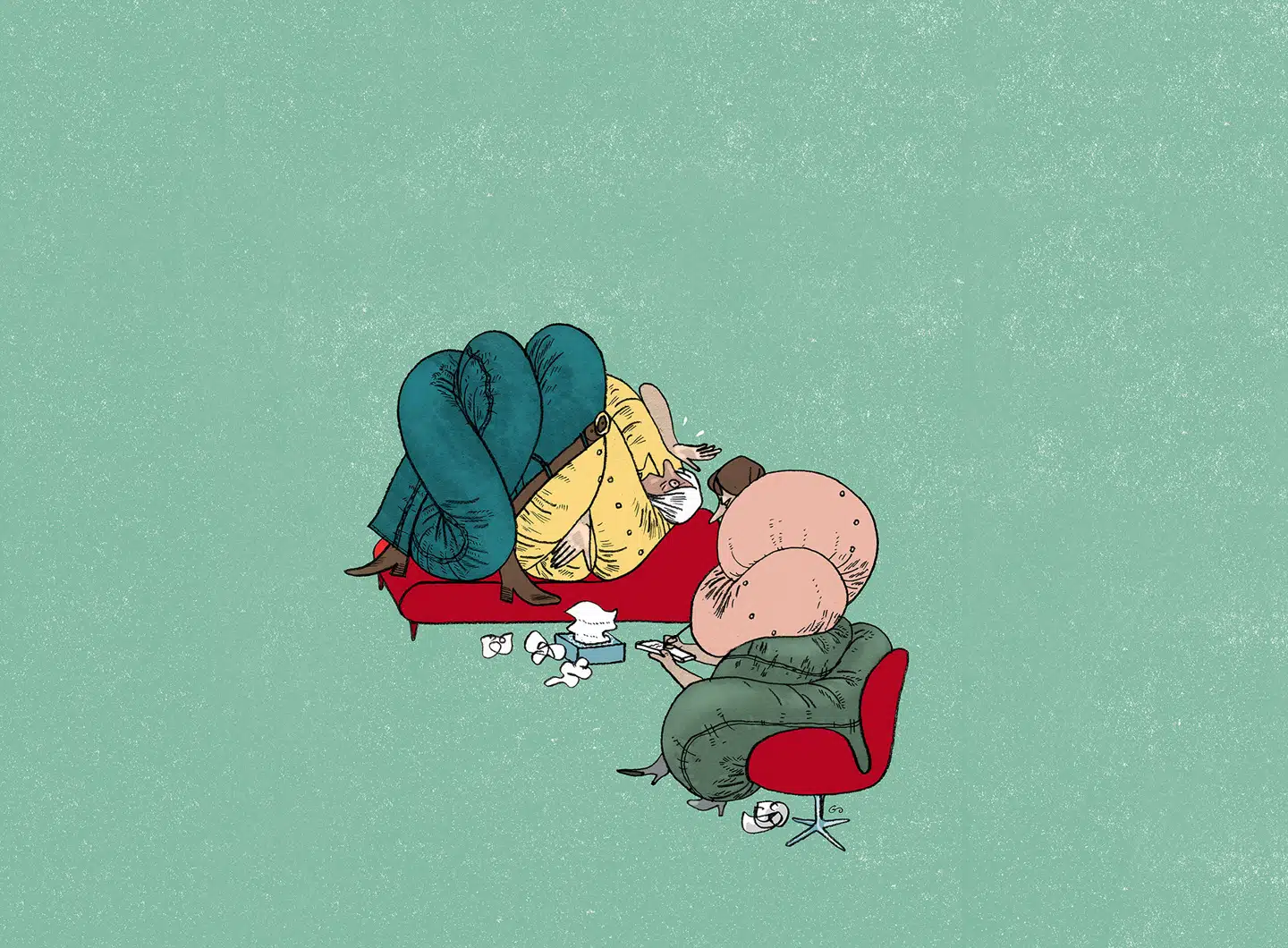 Ifølge psykologistuderende Karla Aurelia Rasmussen Braga har Henrik Høgh-Olesen en pointe i, at vi skal kunne holde ud, når livet gør ondt, men det gør det ikke »forkert« at opsøge en psykolog. Uanset grunden. Illustration: Gitte Skov