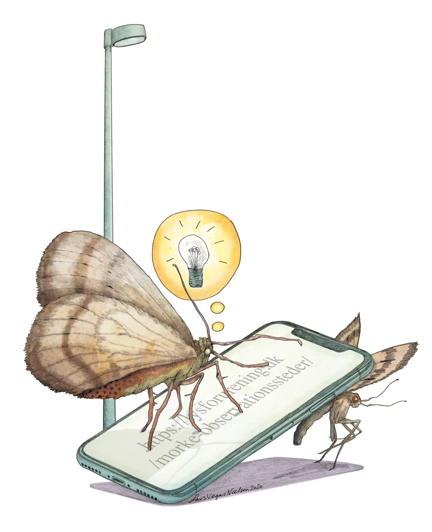 Tegning til Bo Bjørnvig anmeldelse af 2 bøger om lysforurening. Bøger, uge 3 2020. Illustration: Lars Vegas Nielsen