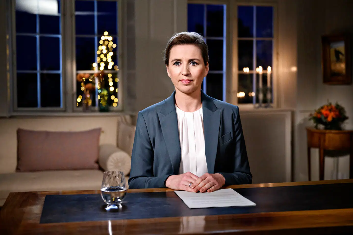 Statsminister Mette Frederiksen (S) holder sin nytårstale på Marienborg i Sorgenfri onsdag 1. januar 2020. Foto: Philip Davali / Scanpix