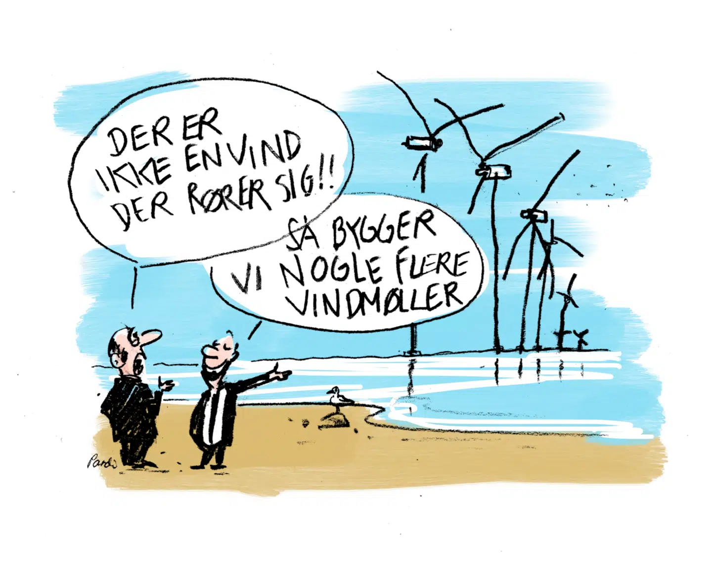 »Vi kan ikke bare forbruge og regne med, at strømproduktionen modsvarer forbruget – for vi kan ikke bestemme, hvornår solen skinner, og hvornår vinden blæser. Derfor er situationen i dag, at vi overproducerer, når det blæser mere, samtidig med, at vi underproducerer, når det er vindstille,« skriver Lars Bonderup Bjørn. Illustration: Charlotte Pardi