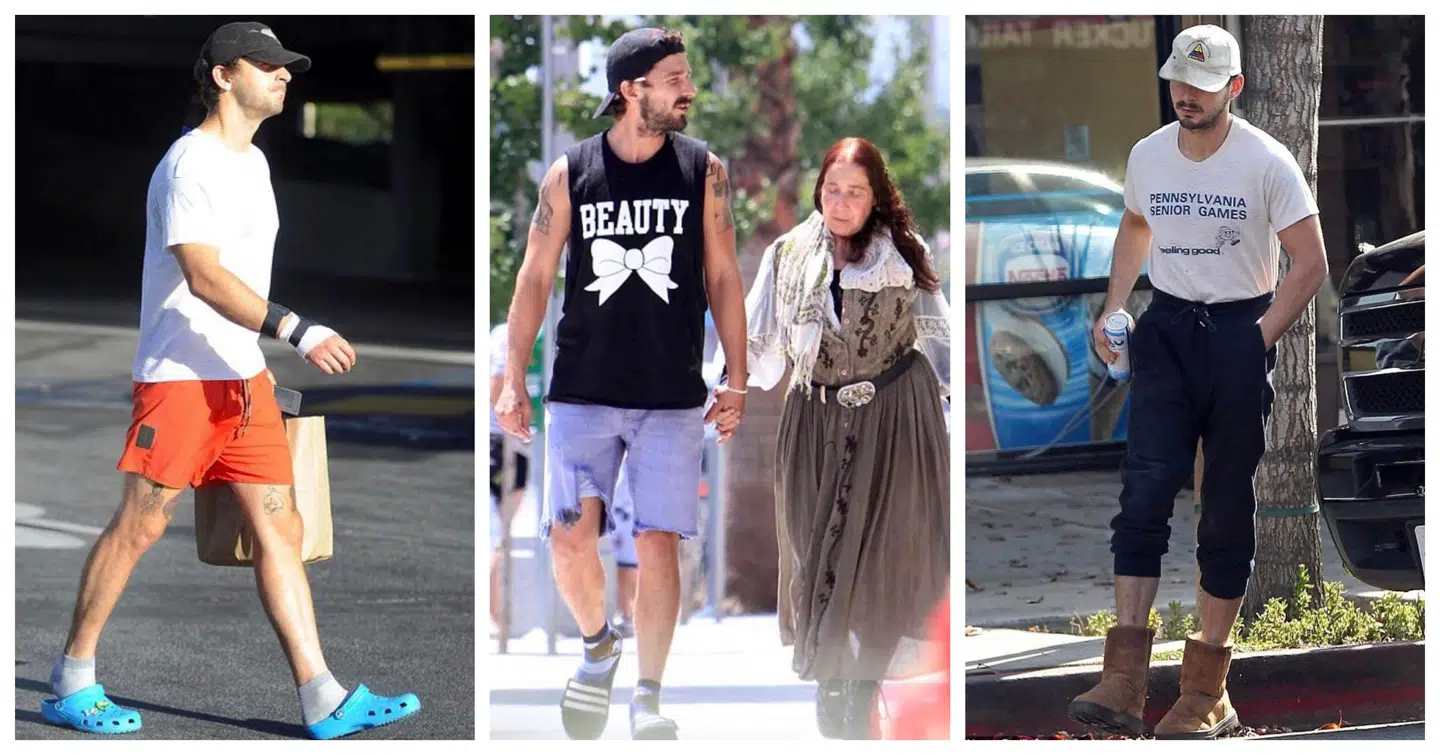 Pædagog-Crocs, Navy SEAL-støvler, lyserød løbebuks, poset sweatshirt, fesenlilla shorts eller næsten ingenting. Shia LaBeouf bærer det hele med en »fuck det«-attitude, der indvarsler en helt ny, legesyg manderolle. Fotos: Instagram