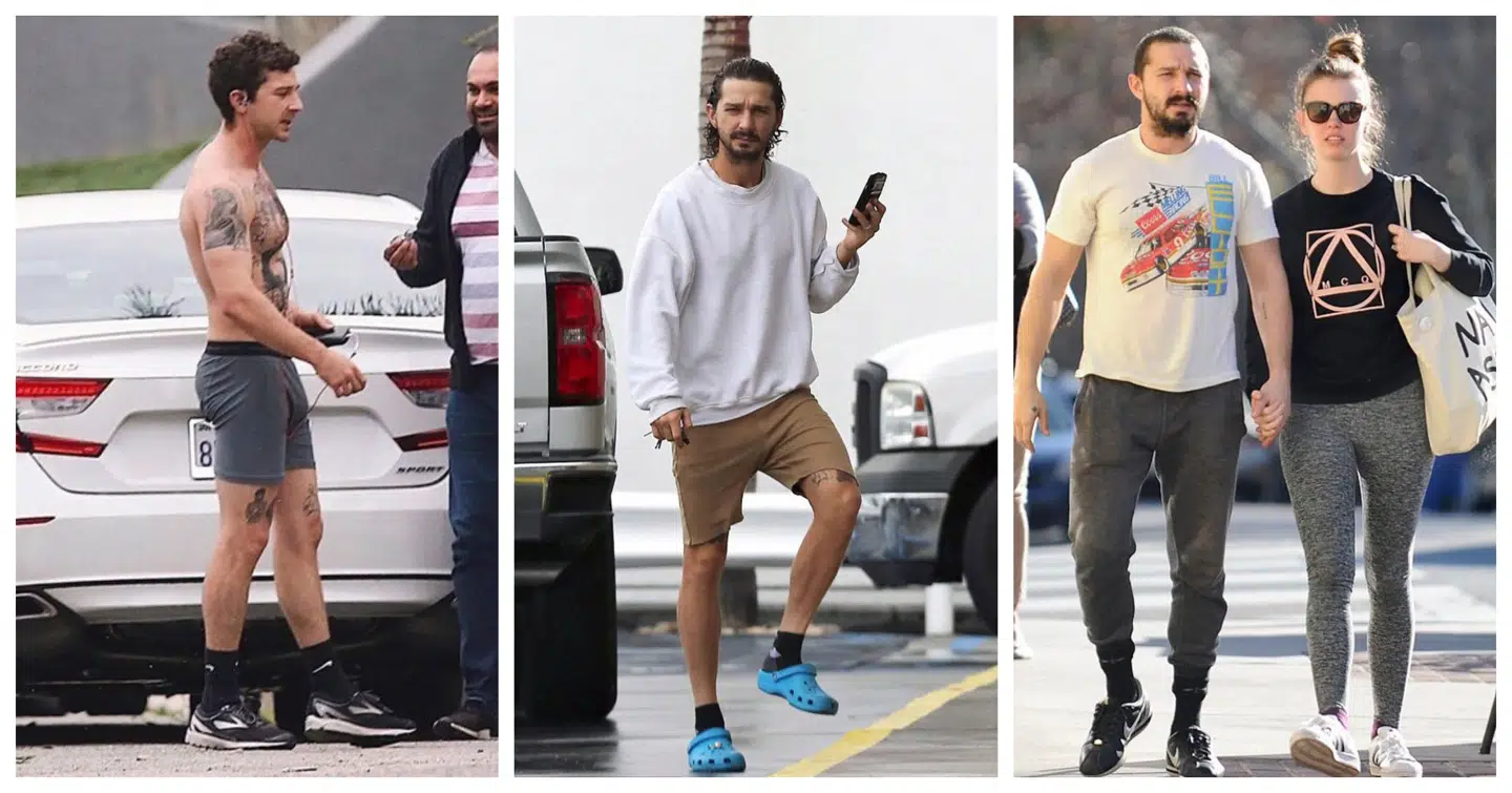 Pædagog-Crocs, Navy SEAL-støvler, lyserød løbebuks, poset sweatshirt, fesenlilla shorts eller næsten ingenting. Shia LaBeouf bærer det hele med en »fuck det«-attitude, der indvarsler en helt ny, legesyg manderolle. Fotos: Instagram