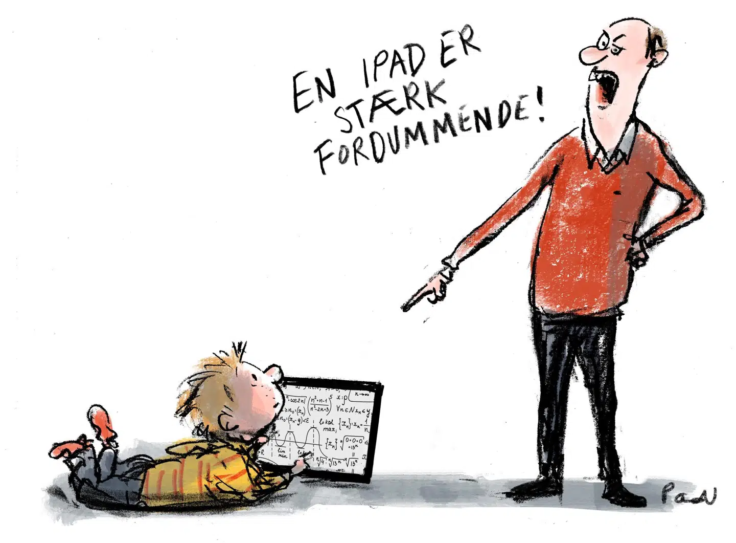 »Hvis vi fjerner skærme, vil vi ende med en verden, som er kulturelt og mentalt langt fattigere end den, vi ville have haft med ordentlig brug af skærme,« skriver Bjarke Calvin i kronikken. Illustration: Charlotte Pardi