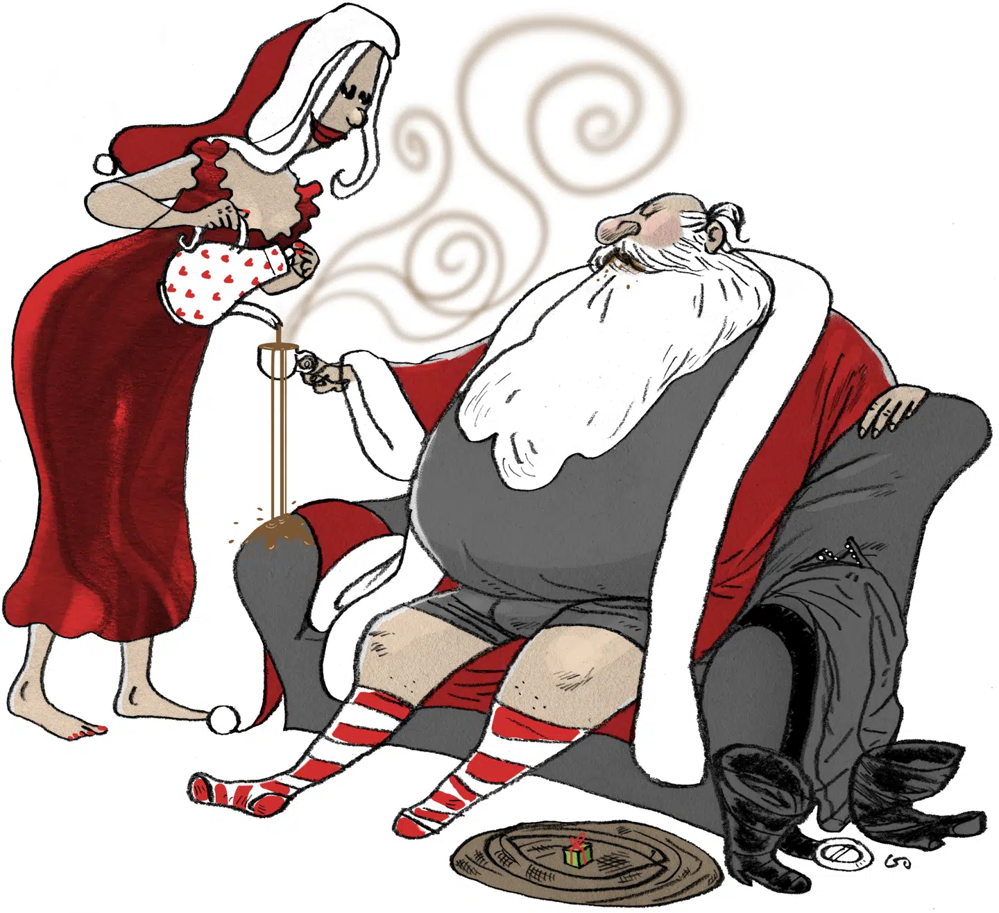 Julemand og nissemor slutter juleaften af med syndig chokolade. Illustration: Gitte Skov