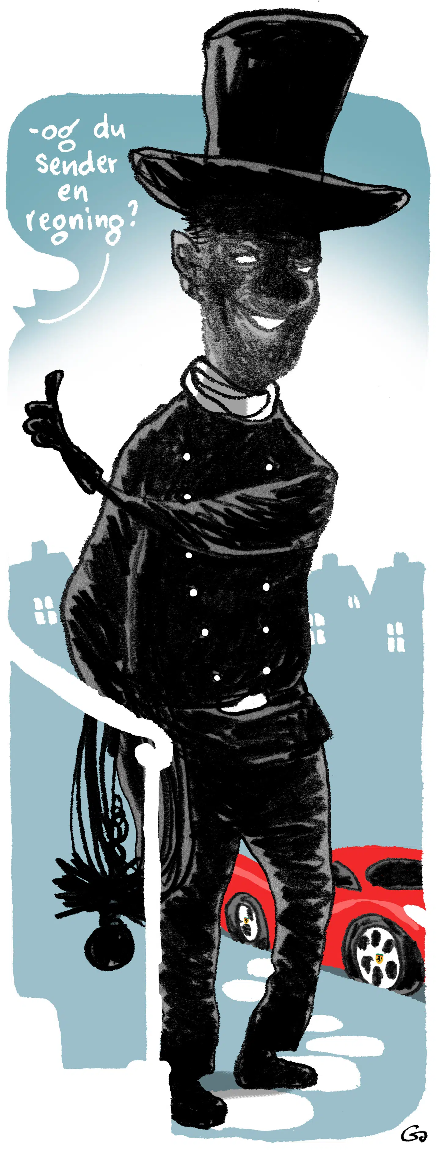 Der hersker monopollignende tilstande i skorstensfejerfaget, hvor et netværk af mestre har skrevet kontrakt med kommunerne. Så ingen tjekker regningerne, som betales via ejendomsskatten. Illustration: Gitte Skov