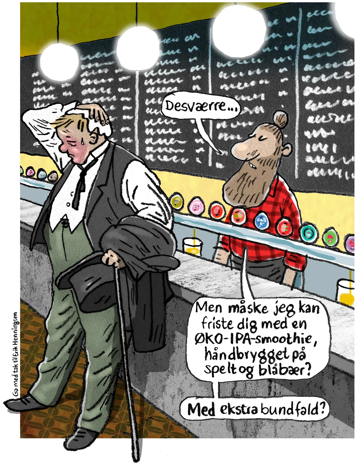 Den tørstige mand kan ikke købe pilsner, kun ekstrem-øl. Illustration: Gitte Skov
