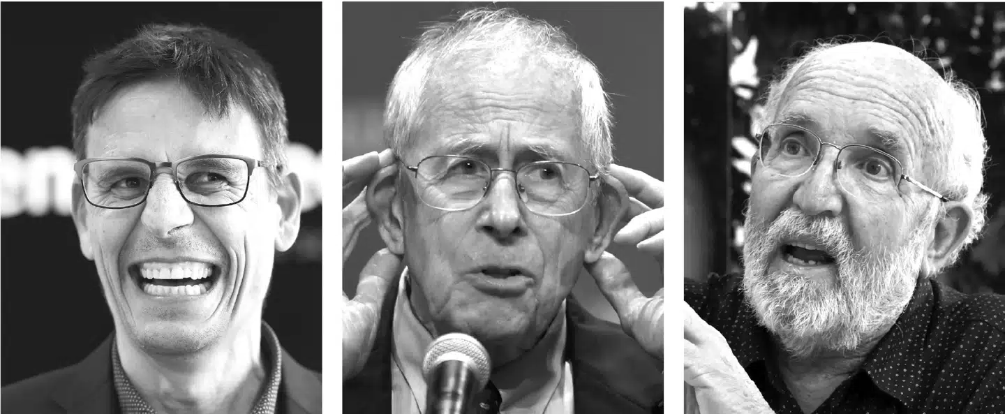 Fra venstre: Didier Queloz, fysik. James Peebles, fysik. Michel Mayor, fysik. Fotos. Ritzau Scanpix