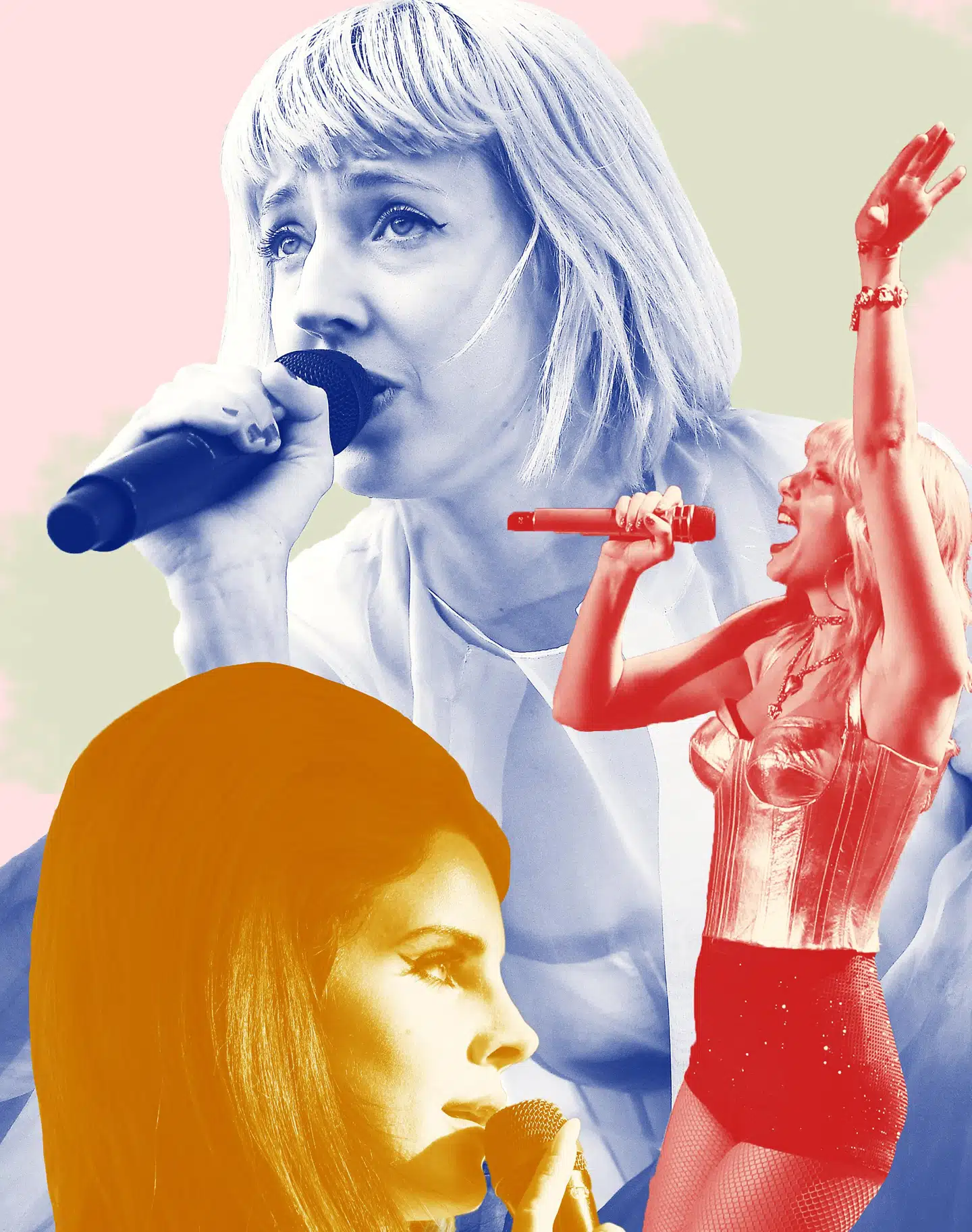 Øverst og med uret: Veronica Maggio, Taylor Swift og Lana del Rey. Illustration: Mie Brinkmann