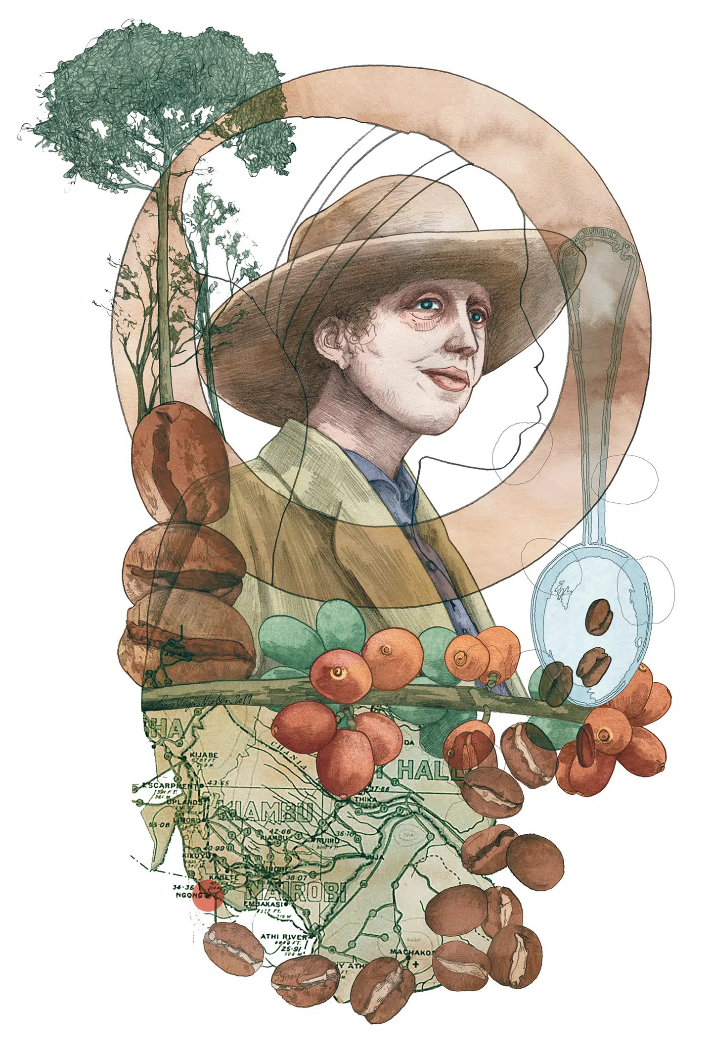 Det var slet ikke Karen Blixens egen farm. Det var hendes onkels. Derfor har Tom Buk-Swienty påtaget sig at korrigere Karen Blixens myte om sig selv ved at indskrive dem, hun udskrev. Illustration: Lars Vegas