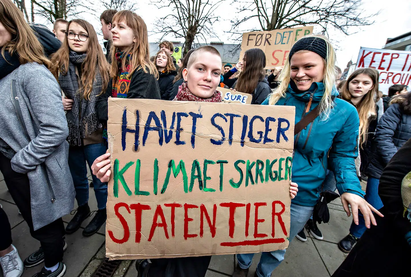 Skoleelever fra Aarhus på Rådhuspladsen under International Klimastrejke 15. marts 2019.. Foto: Henning Bagger/Ritzau Scanpix