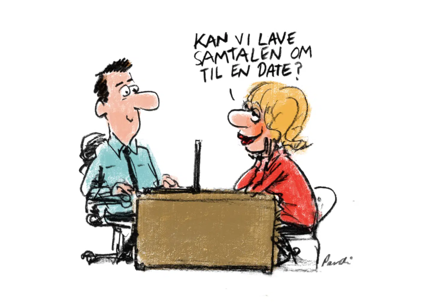 Det er sgu blevet sværere at joke sig ud af job- og datingmarkedet. For slet ikke at tale om at bevare dit selvværd, når du forsøger at sælge dig selv. Illustration: Charlotte Pardi