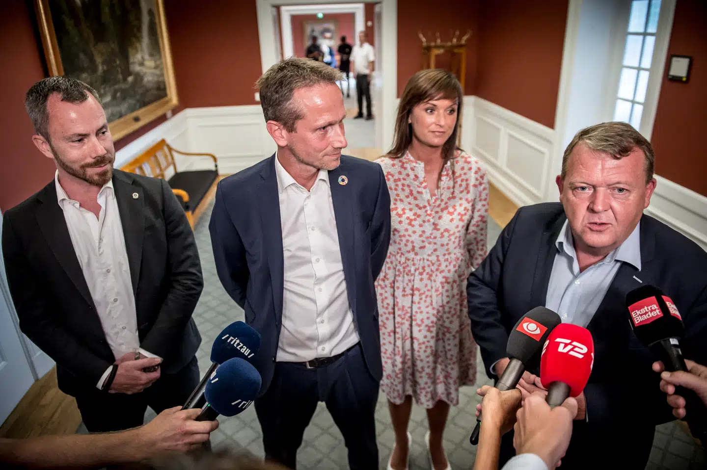 Lars Løkke Rasmussen præsenterede mandag Jakob Ellemann-Jensen som politisk ordfører, Kristian Jensen som gruppeformand og Sophie Løhde som ny gruppenæstformand. Foto: Scanpix