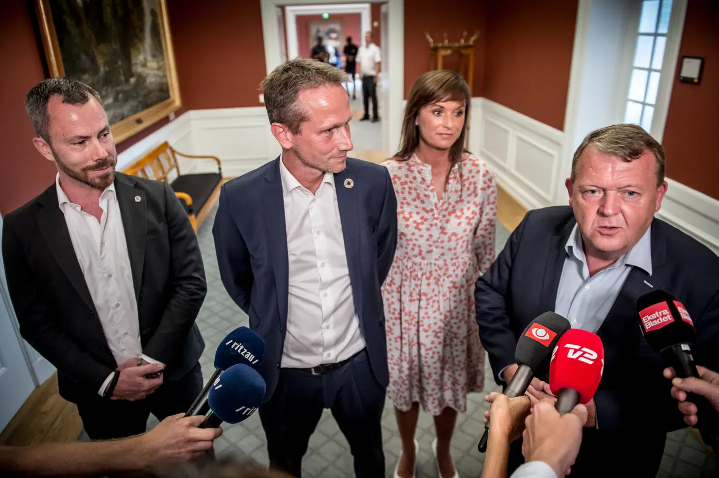 Lars Løkke Rasmussen præsenterede mandag Jakob Ellemann-Jensen som politisk ordfører, Kristian Jensen som gruppeformand og Sophie Løhde som ny gruppenæstformand. Foto: Scanpix