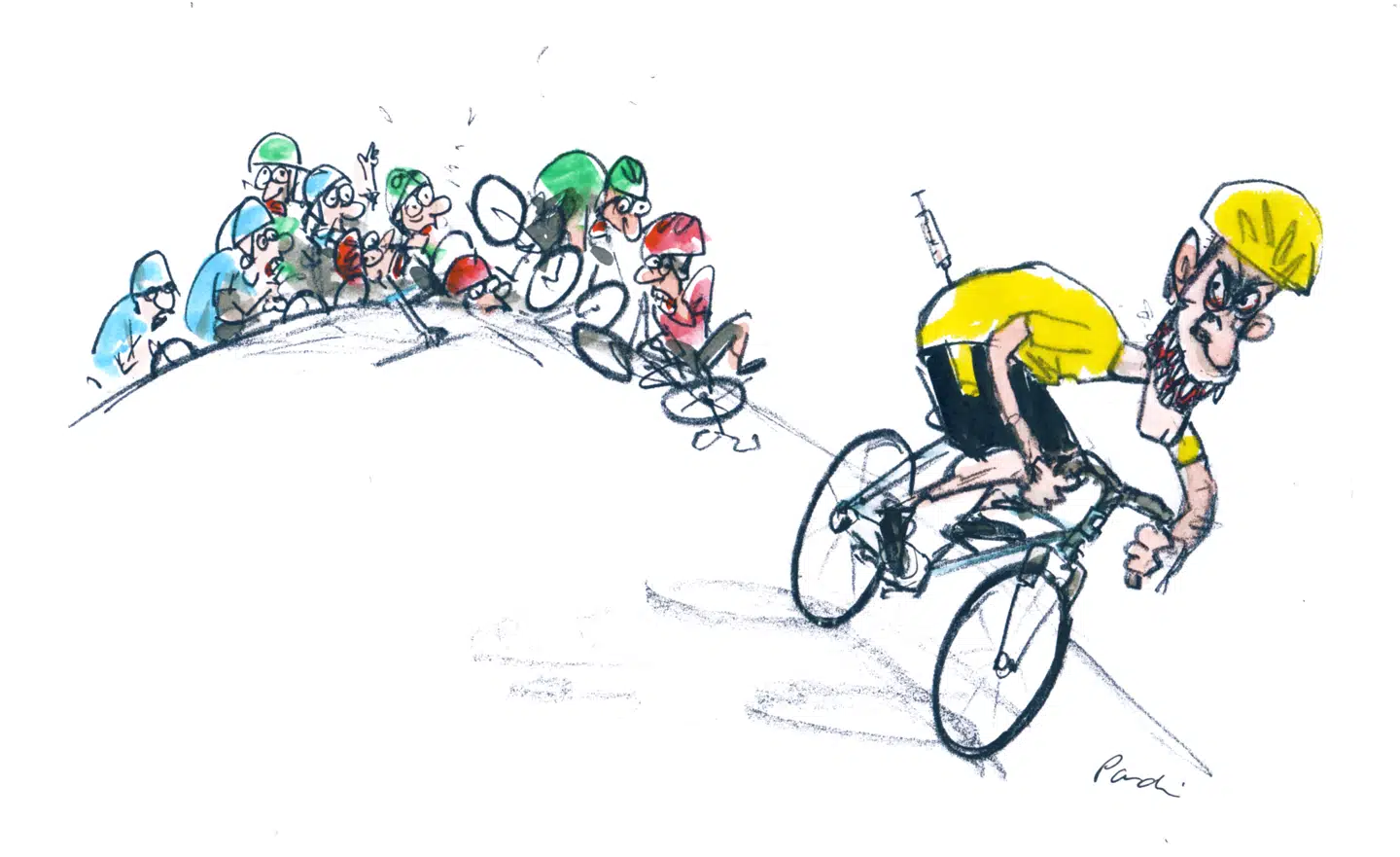 Michael Rasmussen: »Kun den, der er parat til at vise sig som et dumt svin kan på længere sigt vinde Tour’en, og Lance Armstrong er det dummeste svin af dem alle.« Illustration: Charlotte Pardi