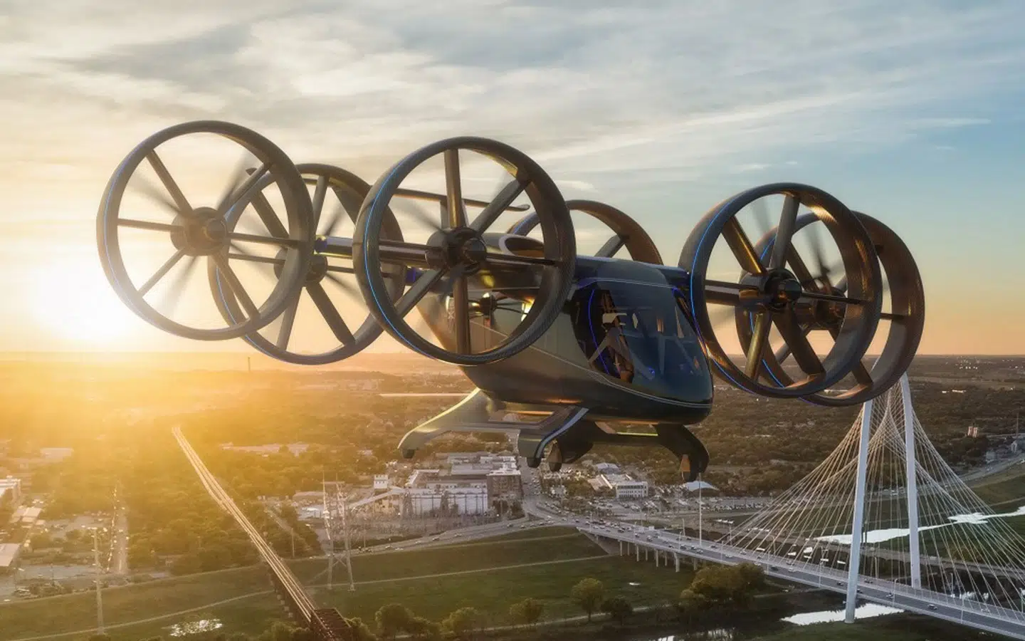 Nexus – Helikopterfirmaet Bells bud på en selvflyvende, elektrisk maskine – er et af de projekter, som samkørselstjenesten Uber har investeret i. Illustration: Bell