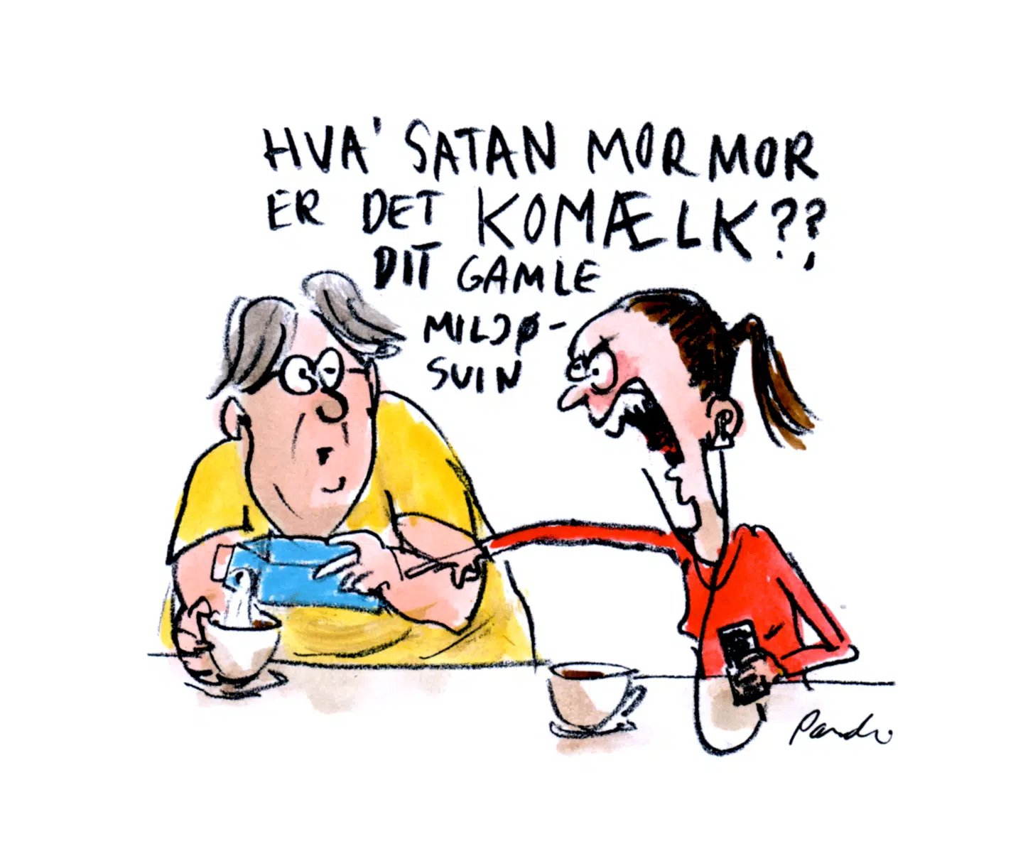 Måske Aarhus Universitet – og de mange andre steder, hvor man samles om kaffebordet for at diskutere disse emner – skulle signalere intergenerationel rummelighed og servere både komælk og havremælk næste gang? Illustration: Charlotte Pardi