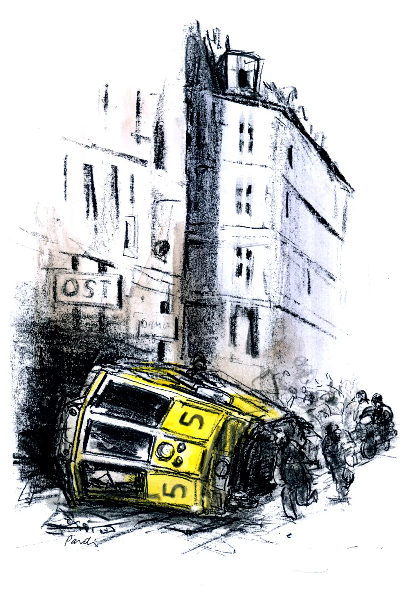 Københavnernes mod forbavsede tyskerne. På Vesterbro afsporede og væltede man sporvognene. Illustration: Charlotte Pardi