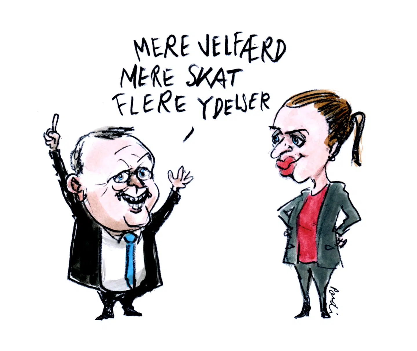 Landet er blevet rødere, end da Anders Fogh Rasmussen blev statsminister, og man kan slet ikke tale om skattetrykket uden at blive kaldt et »rigt svin«. Illustration: Charlotte Pardi