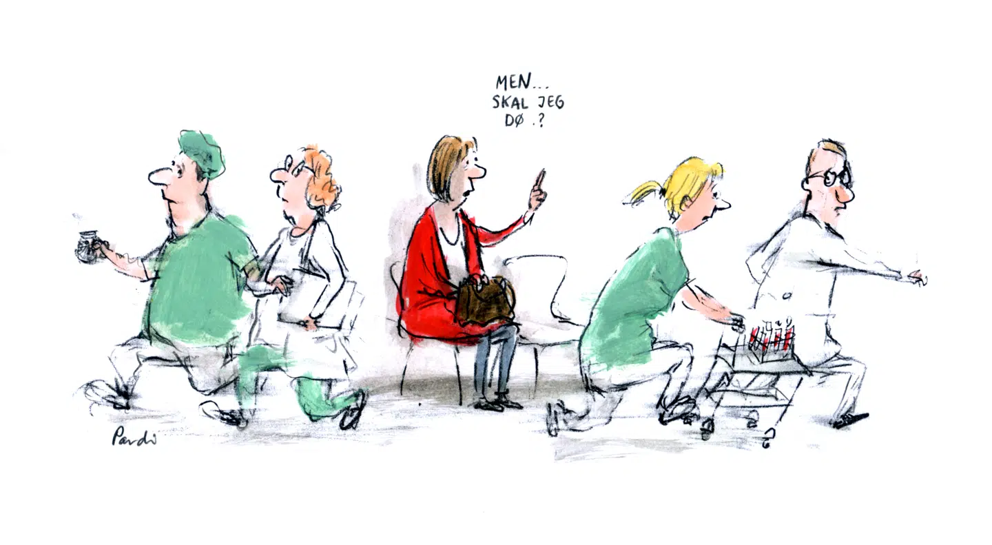 I det øjeblik gik op for mig, at alle de mennesker, som patienten havde haft kontakt med, havde haft så travlt med deres arbejde, at ingen havde opdaget, at patienten ikke vidste, at hun var døende. Illustration: Charlotte Pardi