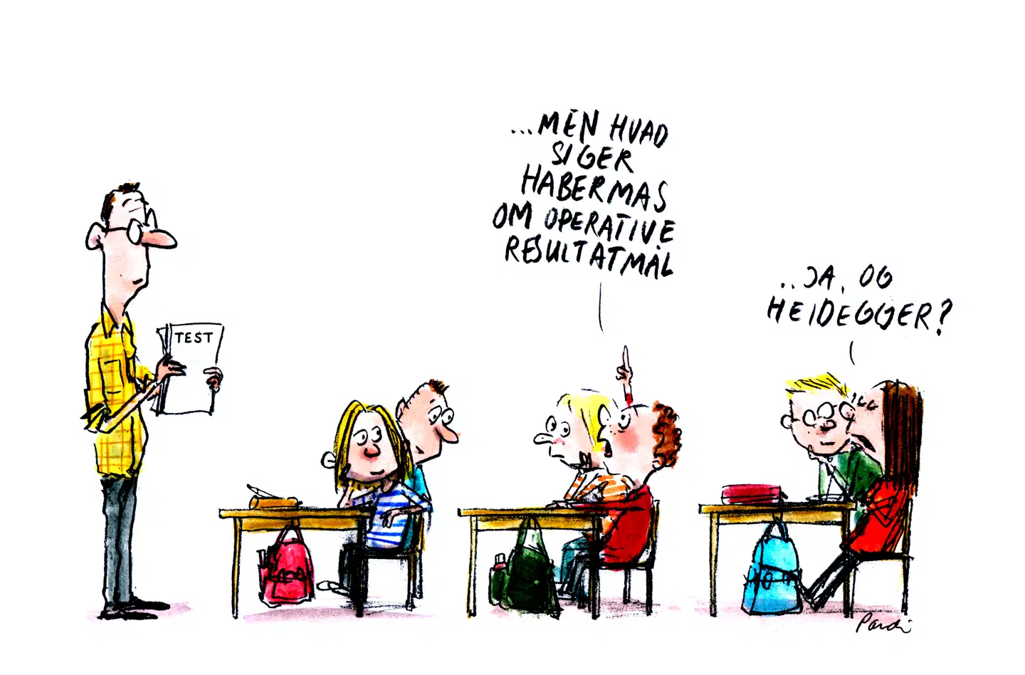 Den danske skolereforms såkaldte operative resultatmål vedrører udelukkende elevers præstationer målt i dansk og matematik samt de kvantitative nationale trivselsmålinger. Det tilgodeser ikke mange af fagenes mål og formål. Heller ikke skolens formål. Illustration: Charlotte Pardi
