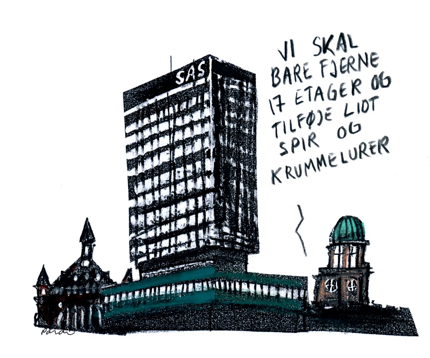 At vinde prisen for »Årets grimmeste byggeri« er en risiko, vi arkitekter må løbe. Hvad er alternativet? At lade arkitekturudviklingen stagnere, ja, endda stræbe bagud? Det er en endnu større risiko. Illustration: Charlotte Pardi