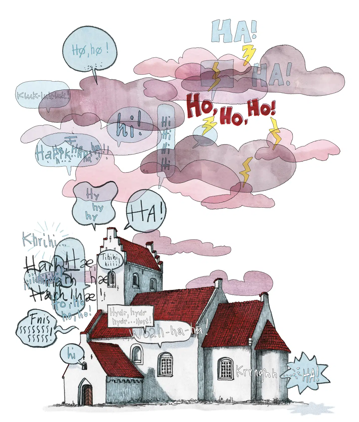 En stille, forsonende latter kan være både god og gavnlig, det samme gælder en lidt stilfærdig klukken, men hvordan med det højrøstede latterbrøl? For slet ikke at tale om det hånlige grin? Illustration: Lars Vegas