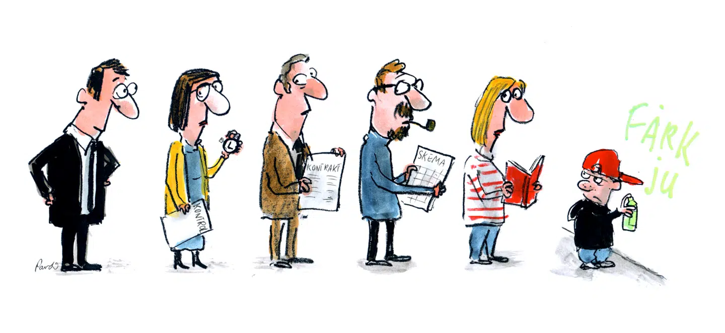 Hvis en kommende regering mener det alvorligt med tillid til de ansatte, må den starte med at luge ud i laget af det værste idioti af kontrollanter i de offentlige styrelser. Illustration: Charlotte Pardi