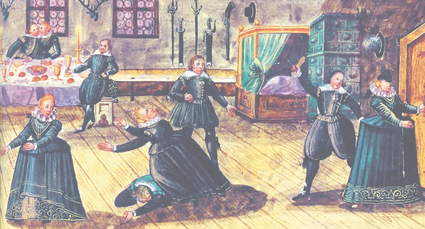 Henrik Gyldenstjerne tegnede i 1613 dette overrislede selskab, hvor man trimler om på gulvet, jagter kvinderne og kissemisser ved bordet med de gyldne vinpokaler.