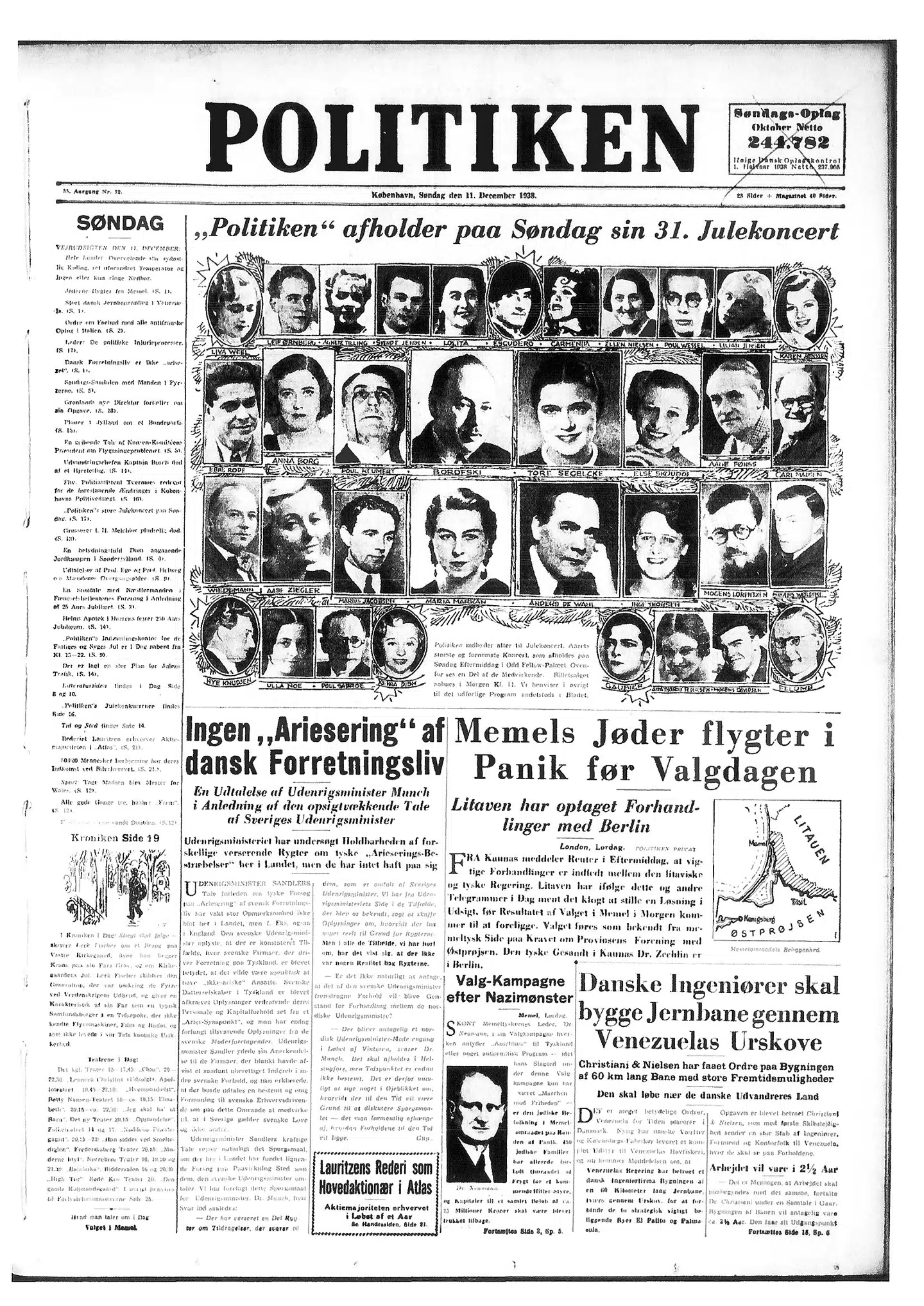 Forsiden af Politiken 11. december 1938, hvor udenrigsminister Peter Munch afviser, at tyskerne skulle forsøge at udrense jøder fra dansk erhvervsliv.