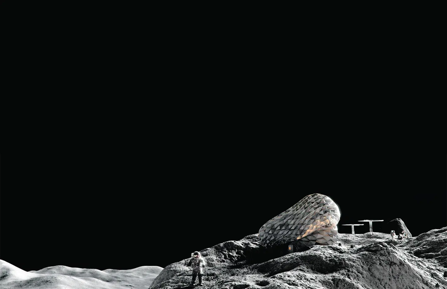 Arkitekterne Sebastian Aristotelis og Karl-Johan Sørensens prisvindende projekt, Månebasen Circadian Lunar Home. Den er indrettet, så baselivet følger døgnrytmen - på Jorden. FOTO: SAGA