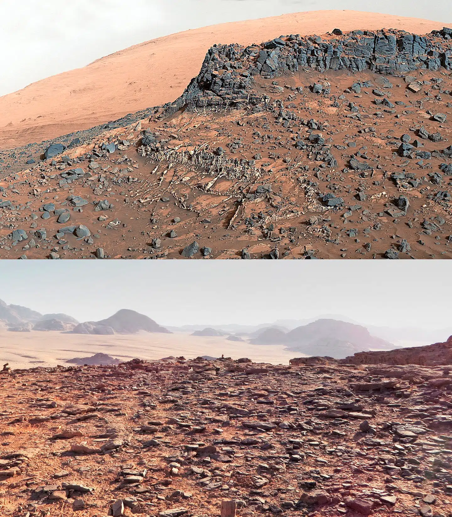 De to unge arkitekter indledte deres rumeventyr med en rejse til Wadi Rum-ørkenen i Jordan (nederst). Det er det sted på Jorden, som ligner forholdene på Mars (øverst) mest. FOTO: SAGA