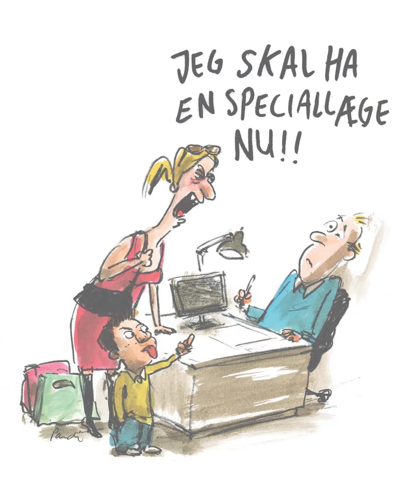 »Som bylæge oplevede jeg noget, jeg ikke har oplevet på landet: patienter, der forlader konsultationen og smækker med døren, hvis de ikke får deres vilje,« siger Andreas Pihl. ILLUSTRATION CHARLOTTE PARDI