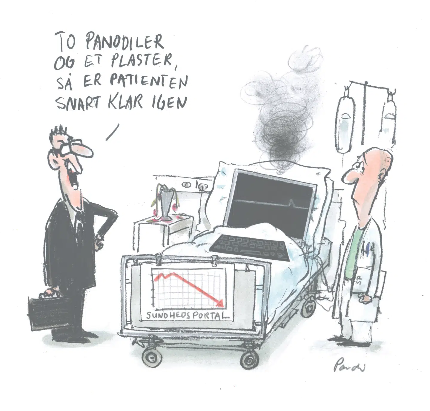 »Sundhedsplatformen er dræbende omstændelig, ulogisk og så opmærksomhedskrævende, at det går ud over behandlingskvaliteten.« ILLUSTRATION: CHARLOTTE PARDI
