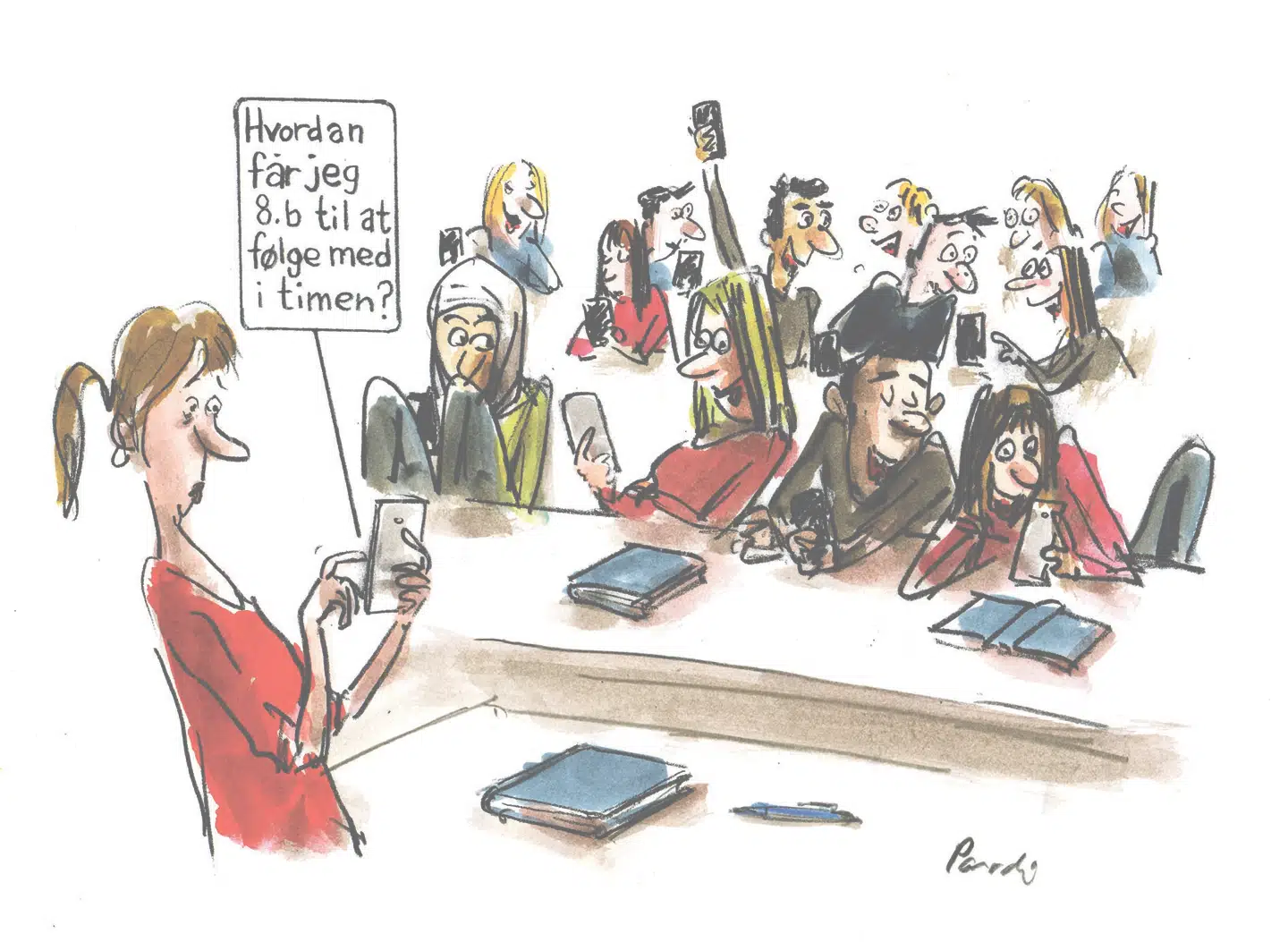 Skal lærere sætte ind over for brug af mobiltelefoner i skoletiden? ILLUSTRATION: CHARLOTTE PARDI
