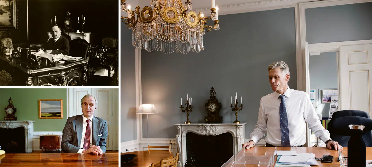 Øverst til venstre: Cirka 1920. Bankdirektør Emil Glückstadt foran kamin, ur og lysestager. Nederst til venstre: 2001. Peter Straarup på kontoret i Holmens Kanal. Uret står på sin plads. Til højre: 2017. Thomas Borgen har hentet lysestagerne frem fra gemmerne. FOTOS: Det Kgl. Biblioteks billedsamling, SIMON KNUDSEN, Linda Kastrup/SCANPIX.