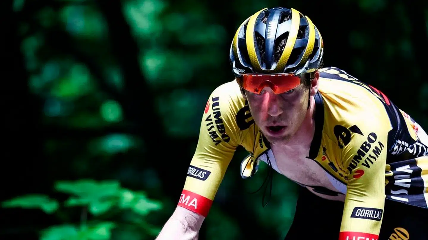 Jumbo-Visma's Belgian rider Nathan Van Hooydonck leads the pack during the seventh stage of the 75th edition of the Criterium du Dauphine cycling race, 148km between Port de Savoie to Col de la Croix de Fer - Saint Sorlin, France, on June 10, 2023. (Photo by Anne-Christine POUJOULAT / AFP)