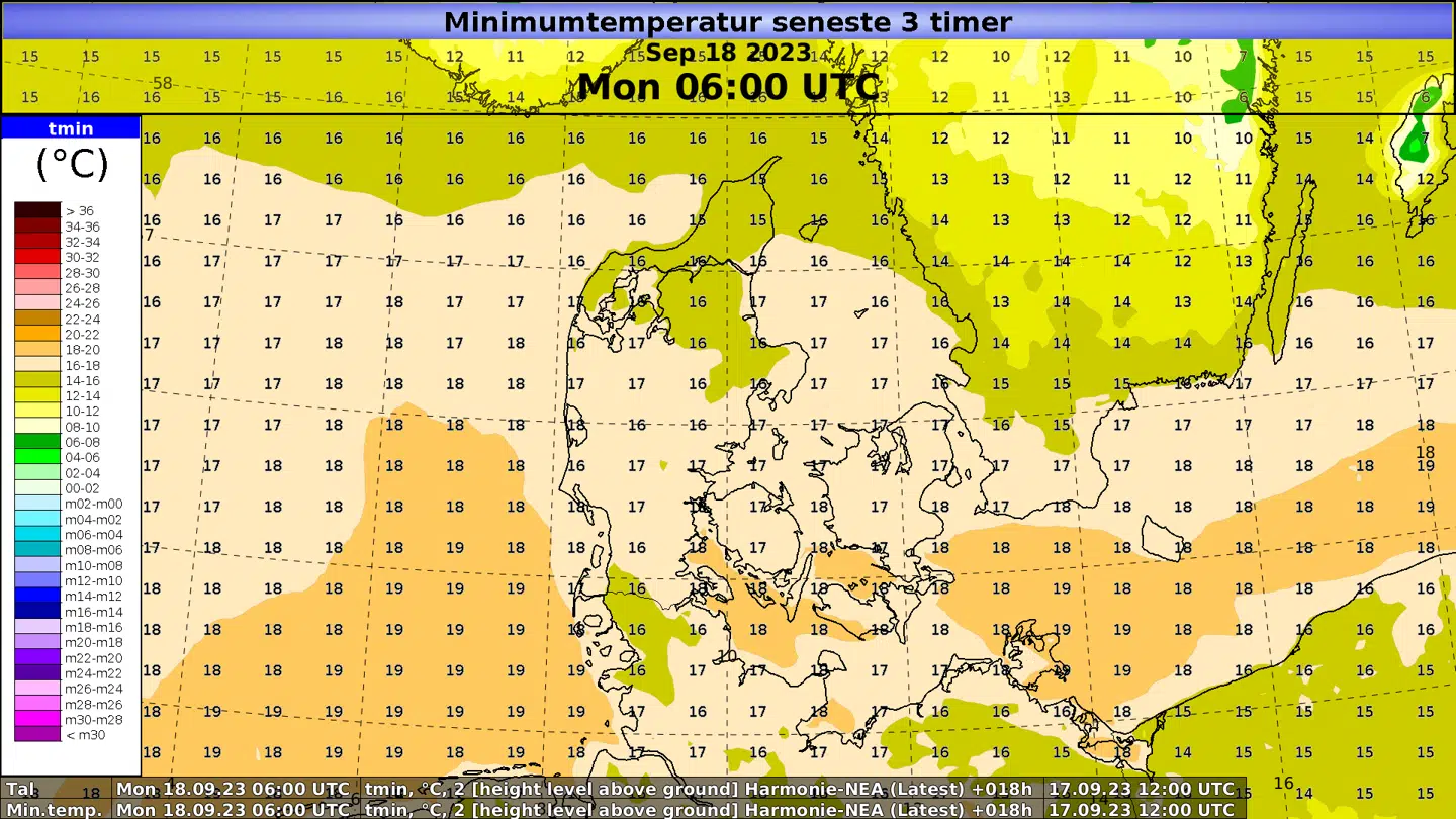 Kort over temperaturer over hele landet mandag morgen 18. september.